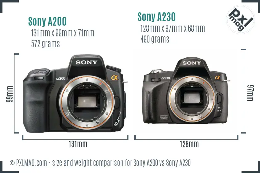 Sony A200 vs Sony A230 size comparison