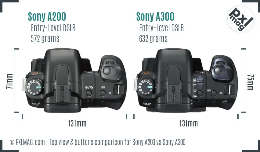 Sony A200 vs Sony A300 top view buttons comparison