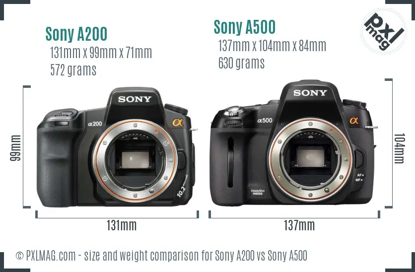 Sony A200 vs Sony A500 size comparison