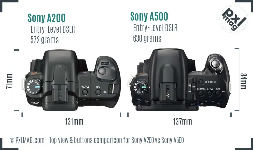 Sony A200 vs Sony A500 top view buttons comparison
