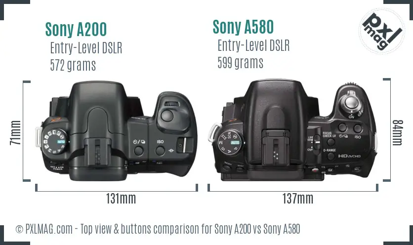 Sony A200 vs Sony A580 top view buttons comparison