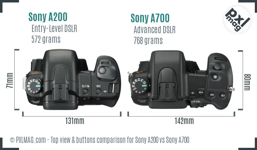Sony A200 vs Sony A700 top view buttons comparison