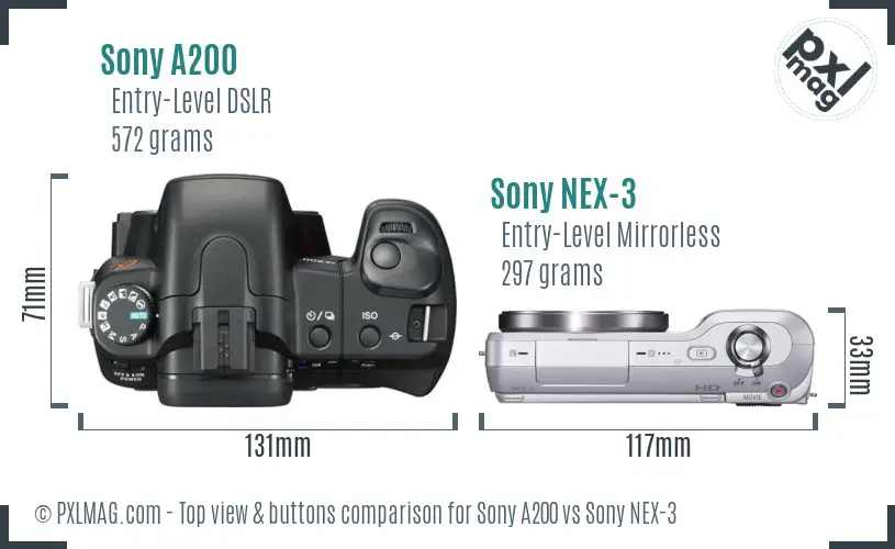 Sony A200 vs Sony NEX-3 top view buttons comparison