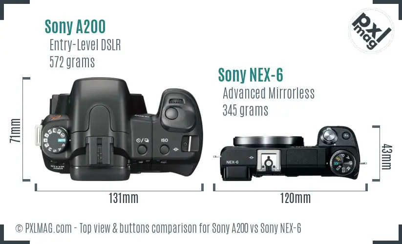 Sony A200 vs Sony NEX-6 top view buttons comparison