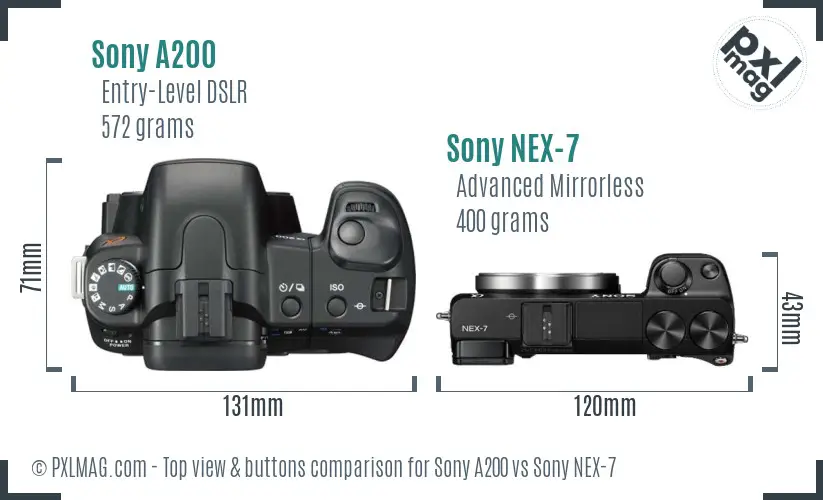 Sony A200 vs Sony NEX-7 top view buttons comparison