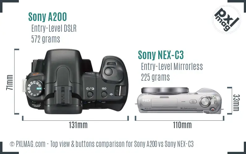 Sony A200 vs Sony NEX-C3 top view buttons comparison