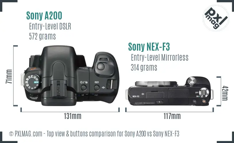 Sony A200 vs Sony NEX-F3 top view buttons comparison