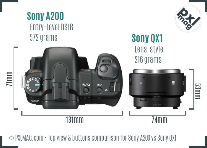 Sony A200 vs Sony QX1 top view buttons comparison