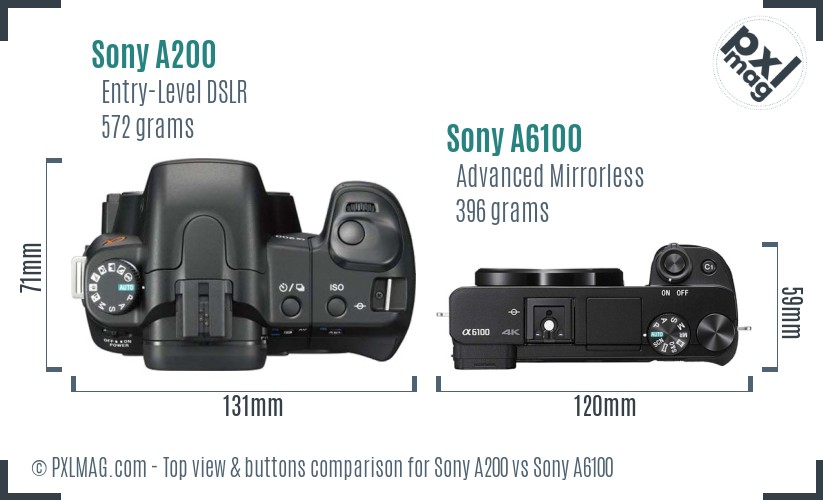 Sony A200 vs Sony A6100 top view buttons comparison