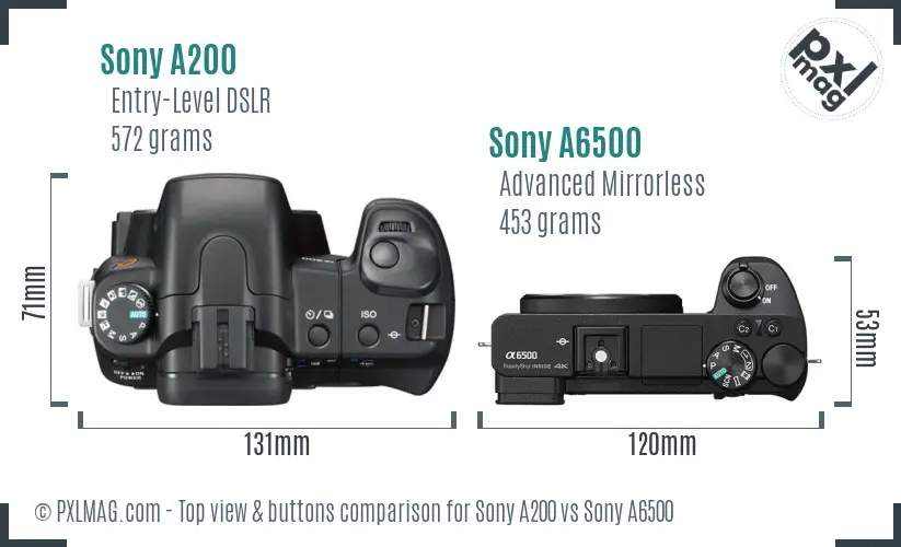 Sony A200 vs Sony A6500 top view buttons comparison