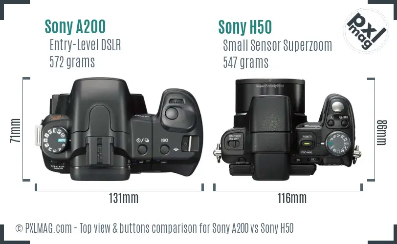 Sony A200 vs Sony H50 top view buttons comparison