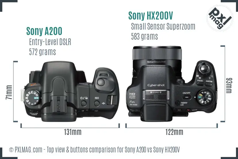 Sony A200 vs Sony HX200V top view buttons comparison