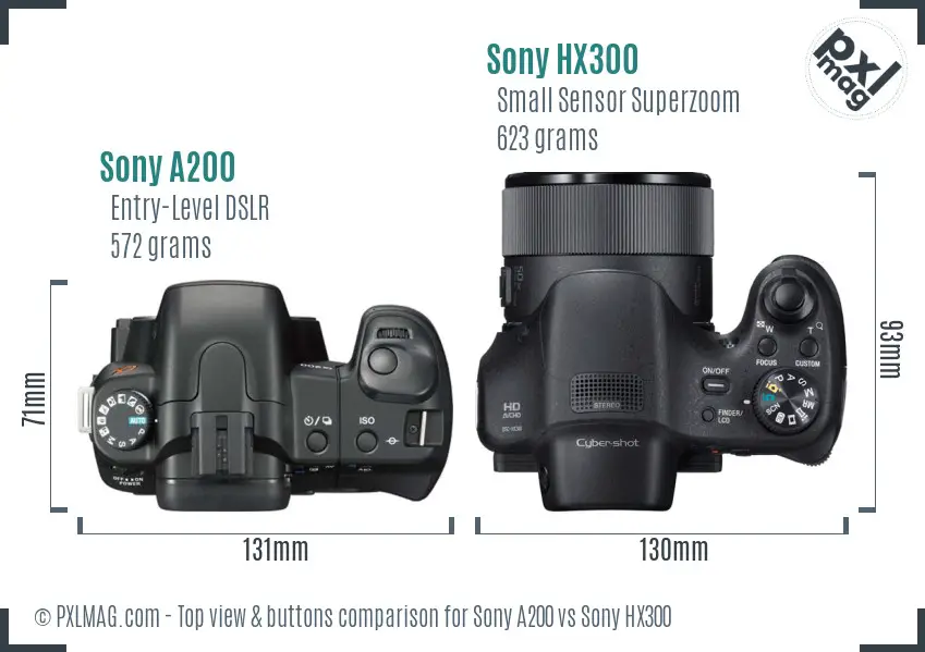 Sony A200 vs Sony HX300 top view buttons comparison
