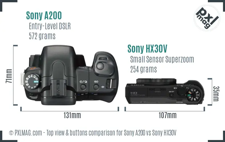 Sony A200 vs Sony HX30V top view buttons comparison