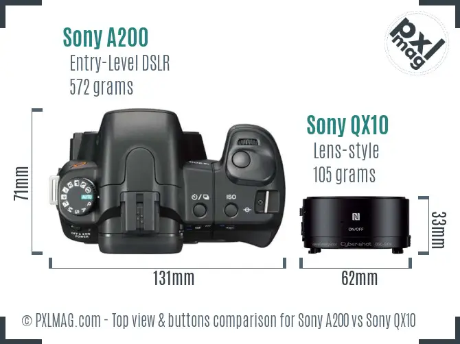 Sony A200 vs Sony QX10 top view buttons comparison