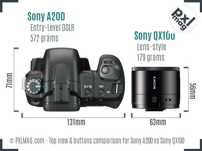 Sony A200 vs Sony QX100 top view buttons comparison