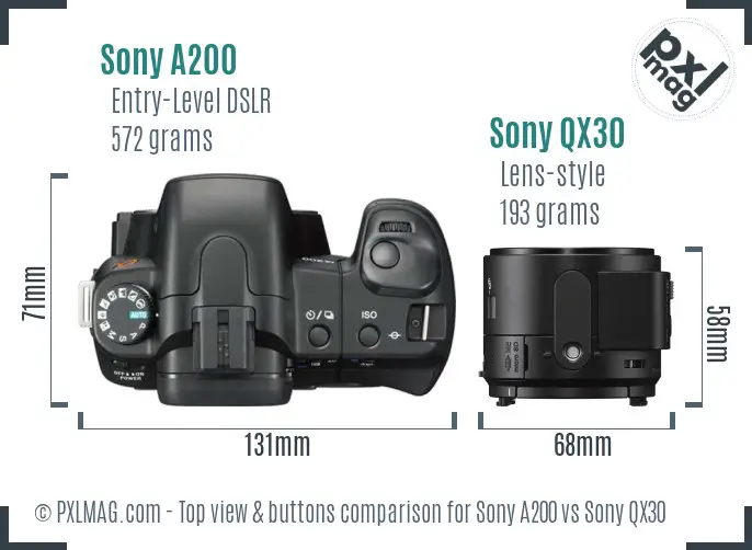 Sony A200 vs Sony QX30 top view buttons comparison