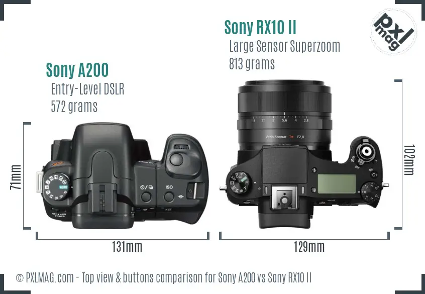 Sony A200 vs Sony RX10 II top view buttons comparison