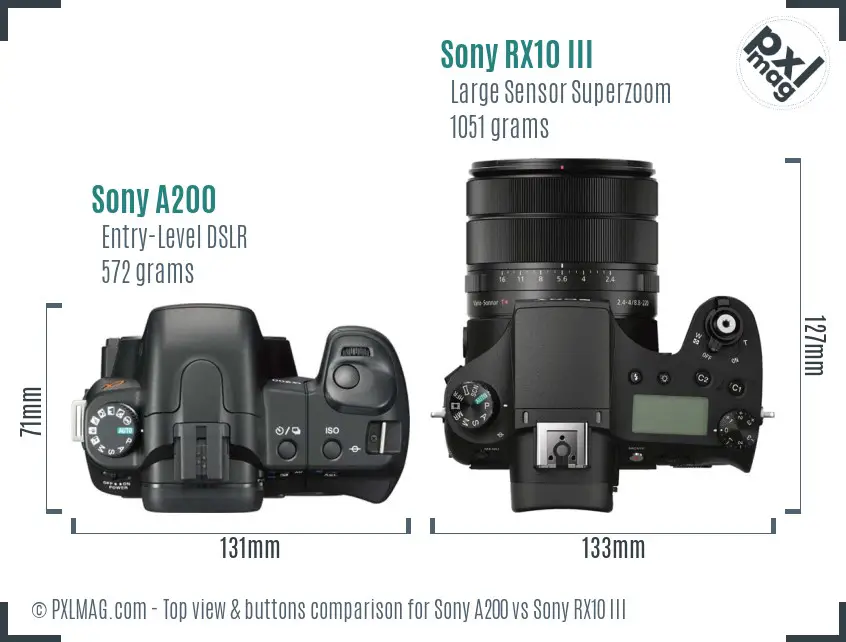 Sony A200 vs Sony RX10 III top view buttons comparison