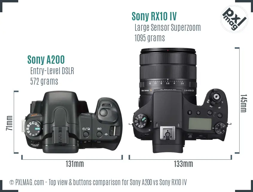Sony A200 vs Sony RX10 IV top view buttons comparison
