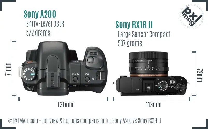 Sony A200 vs Sony RX1R II top view buttons comparison