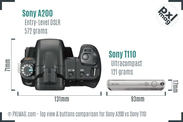 Sony A200 vs Sony T110 top view buttons comparison