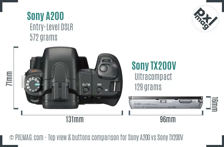Sony A200 vs Sony TX200V top view buttons comparison