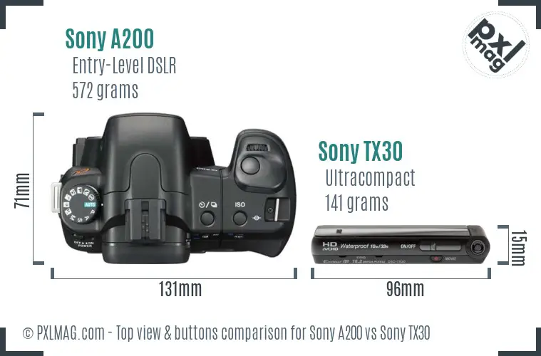 Sony A200 vs Sony TX30 top view buttons comparison