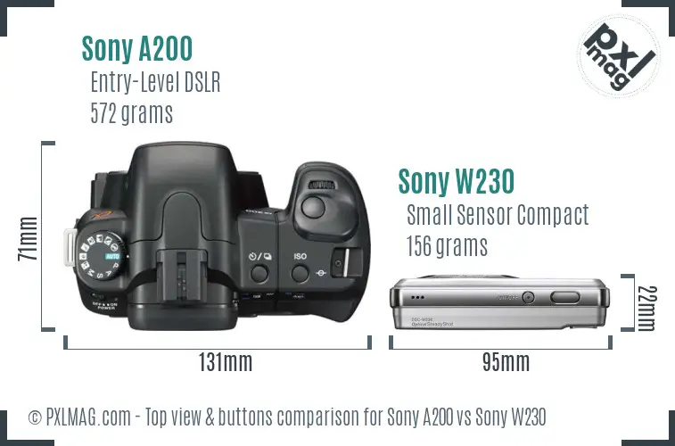 Sony A200 vs Sony W230 top view buttons comparison