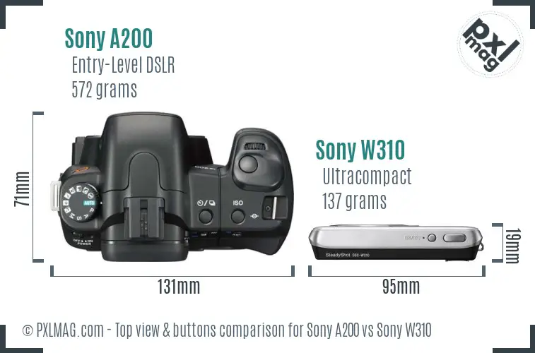 Sony A200 vs Sony W310 top view buttons comparison
