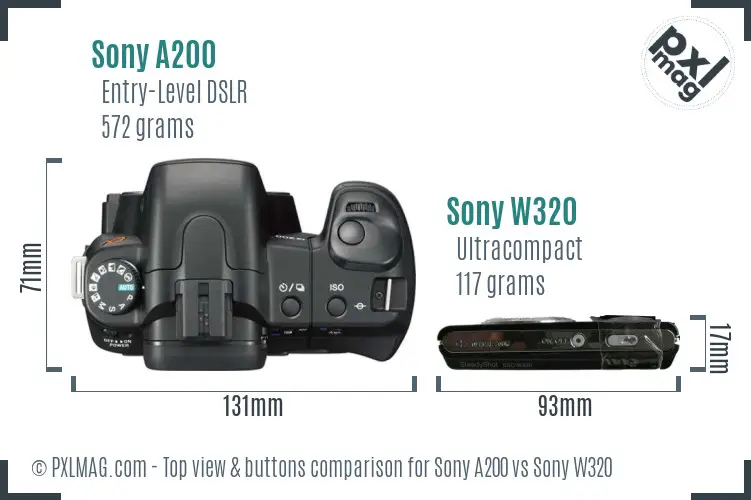 Sony A200 vs Sony W320 top view buttons comparison