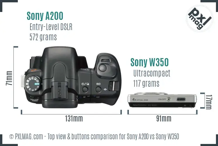 Sony A200 vs Sony W350 top view buttons comparison