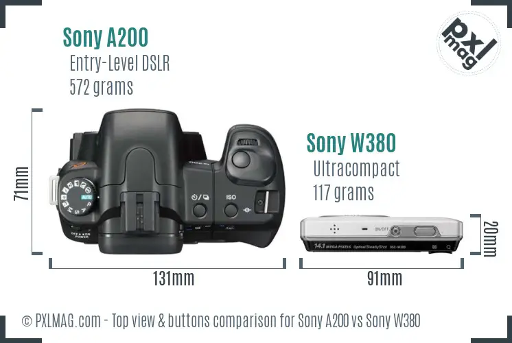 Sony A200 vs Sony W380 top view buttons comparison