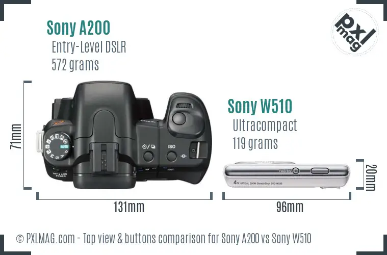Sony A200 vs Sony W510 top view buttons comparison
