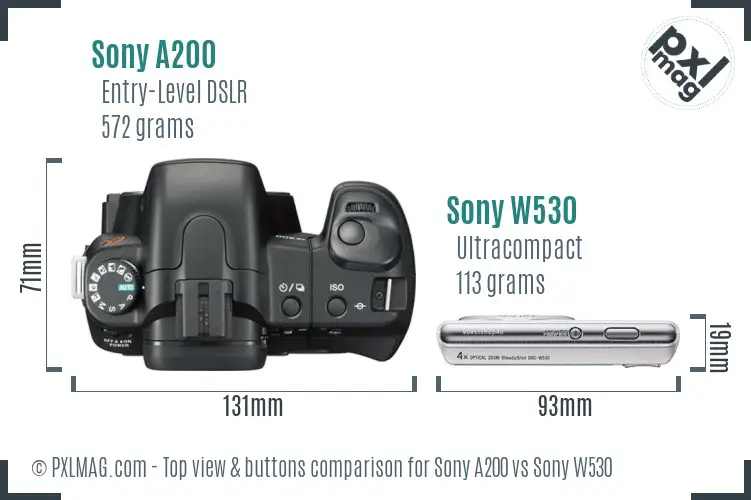 Sony A200 vs Sony W530 top view buttons comparison