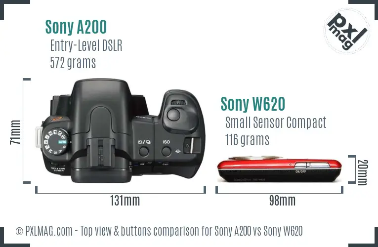Sony A200 vs Sony W620 top view buttons comparison