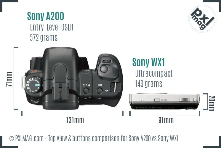 Sony A200 vs Sony WX1 top view buttons comparison