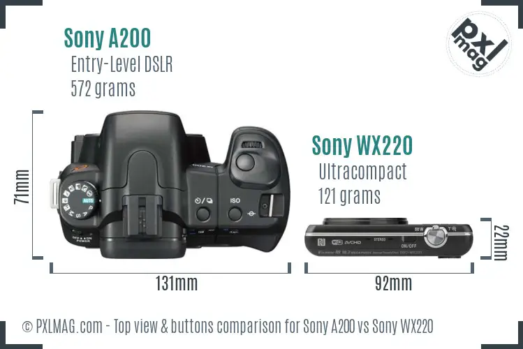 Sony A200 vs Sony WX220 top view buttons comparison