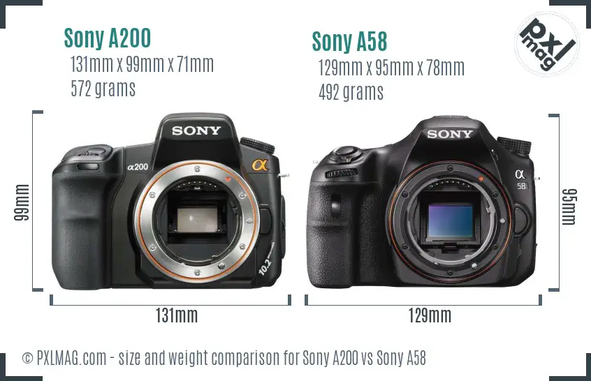 Sony A200 vs Sony A58 size comparison