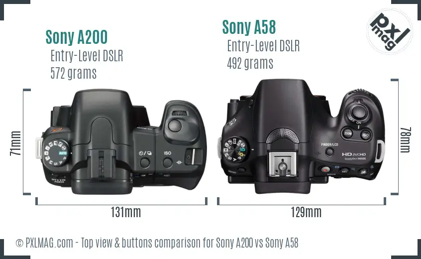 Sony A200 vs Sony A58 top view buttons comparison