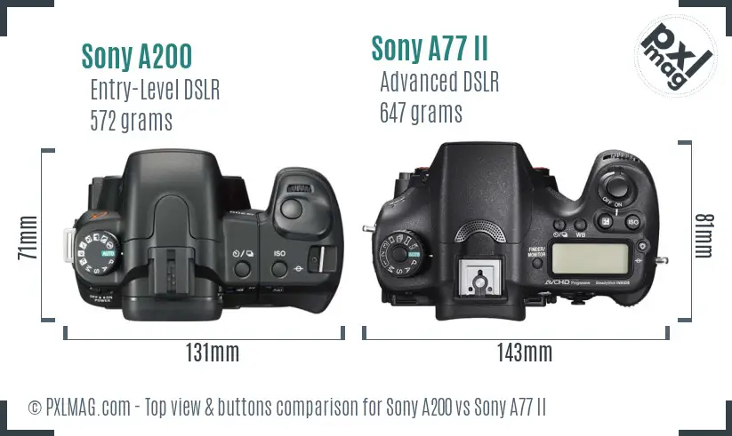 Sony A200 vs Sony A77 II top view buttons comparison