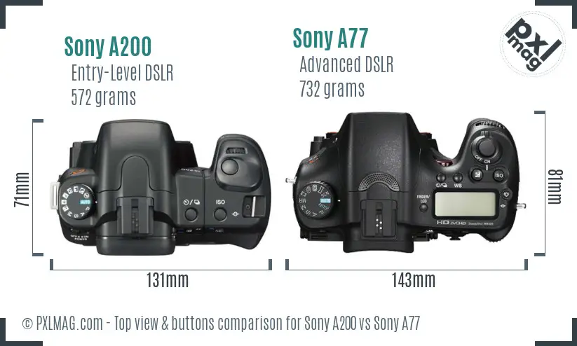 Sony A200 vs Sony A77 top view buttons comparison