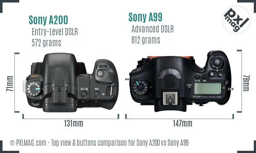 Sony A200 vs Sony A99 top view buttons comparison