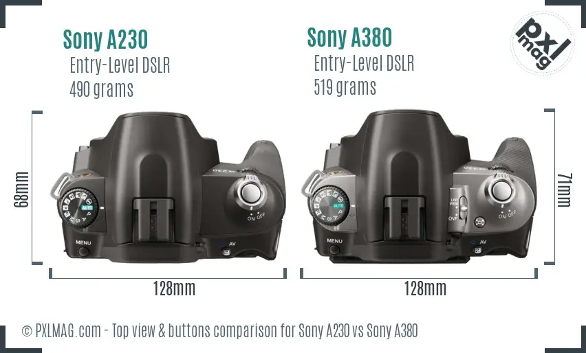 Sony A230 vs Sony A380 top view buttons comparison