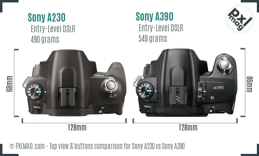 Sony A230 vs Sony A390 top view buttons comparison