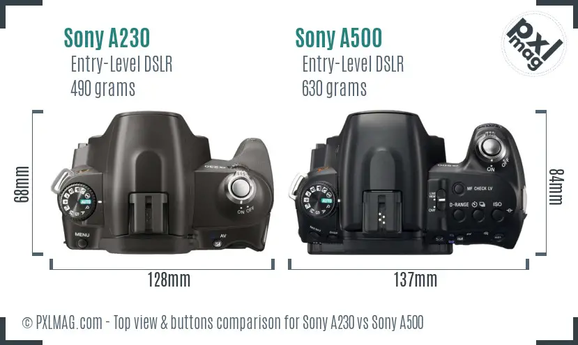 Sony A230 vs Sony A500 top view buttons comparison