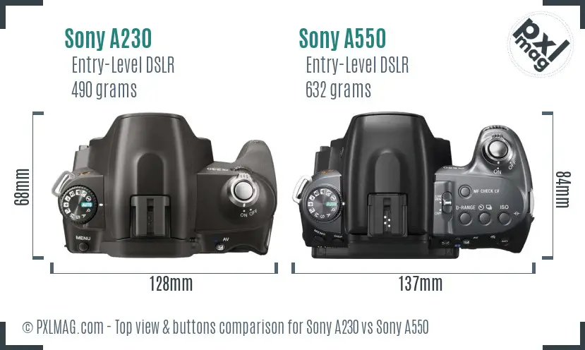 Sony A230 vs Sony A550 top view buttons comparison