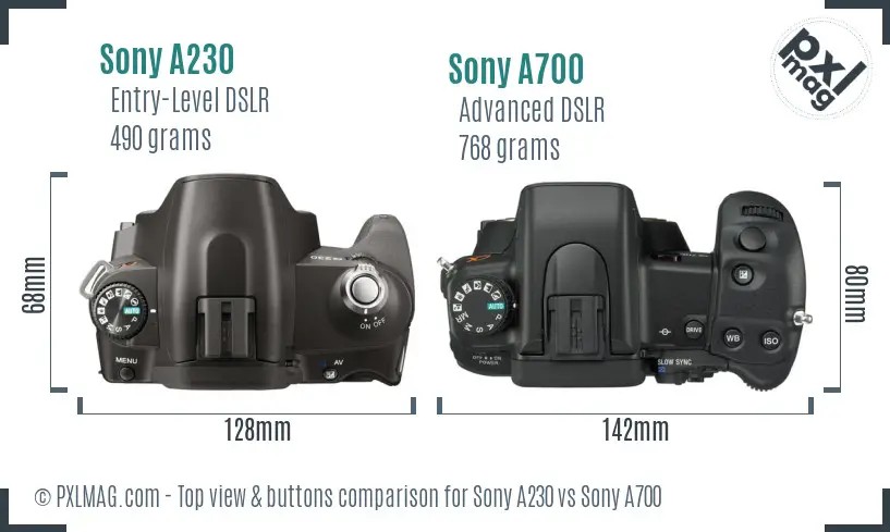 Sony A230 vs Sony A700 top view buttons comparison