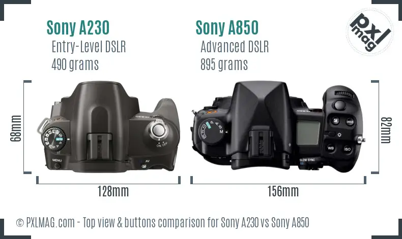 Sony A230 vs Sony A850 top view buttons comparison