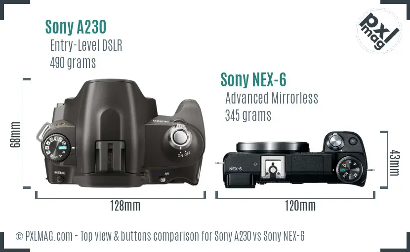Sony A230 vs Sony NEX-6 top view buttons comparison